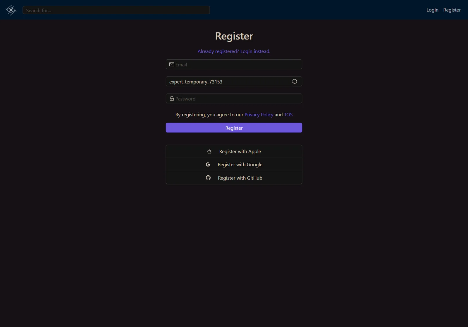 Chub AI página de registro con inicio de sesión social
